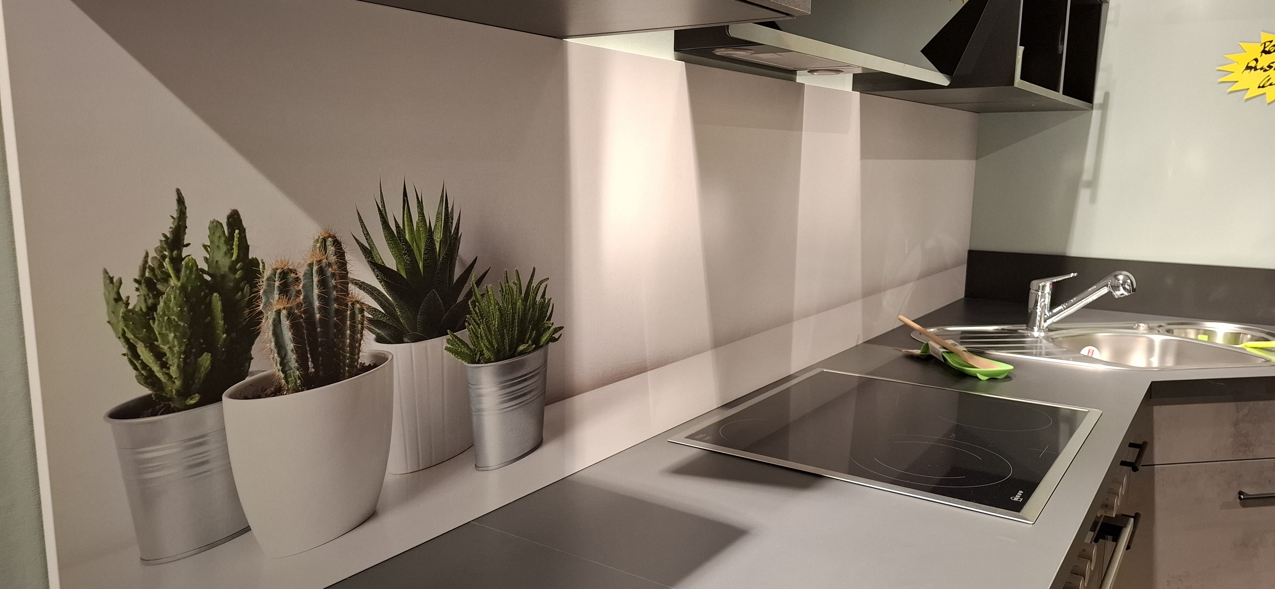 Einbauküche IP 1200 der Marke Impuls Weitere  Seitlicher Blick auf die Motiv-Nischenrückwand