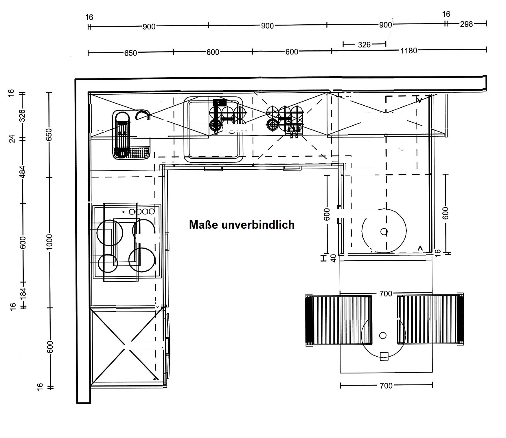 Grundriss der Ausstellungsküche 180800 IP 1200 der Marke Impuls
