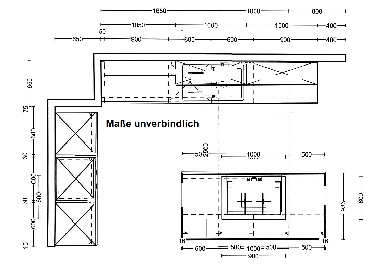Grundriss zur Ausstellungsküche 181198 IP 4050 der Marke Impuls