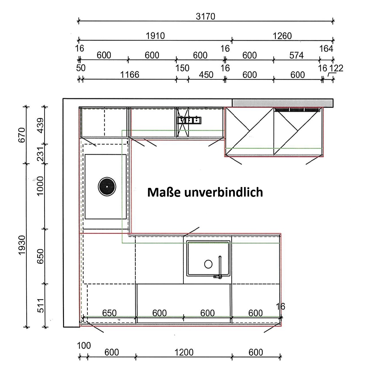 Grundriss zur Ausstellungsküche Esilia 181127 der Marke Mondo